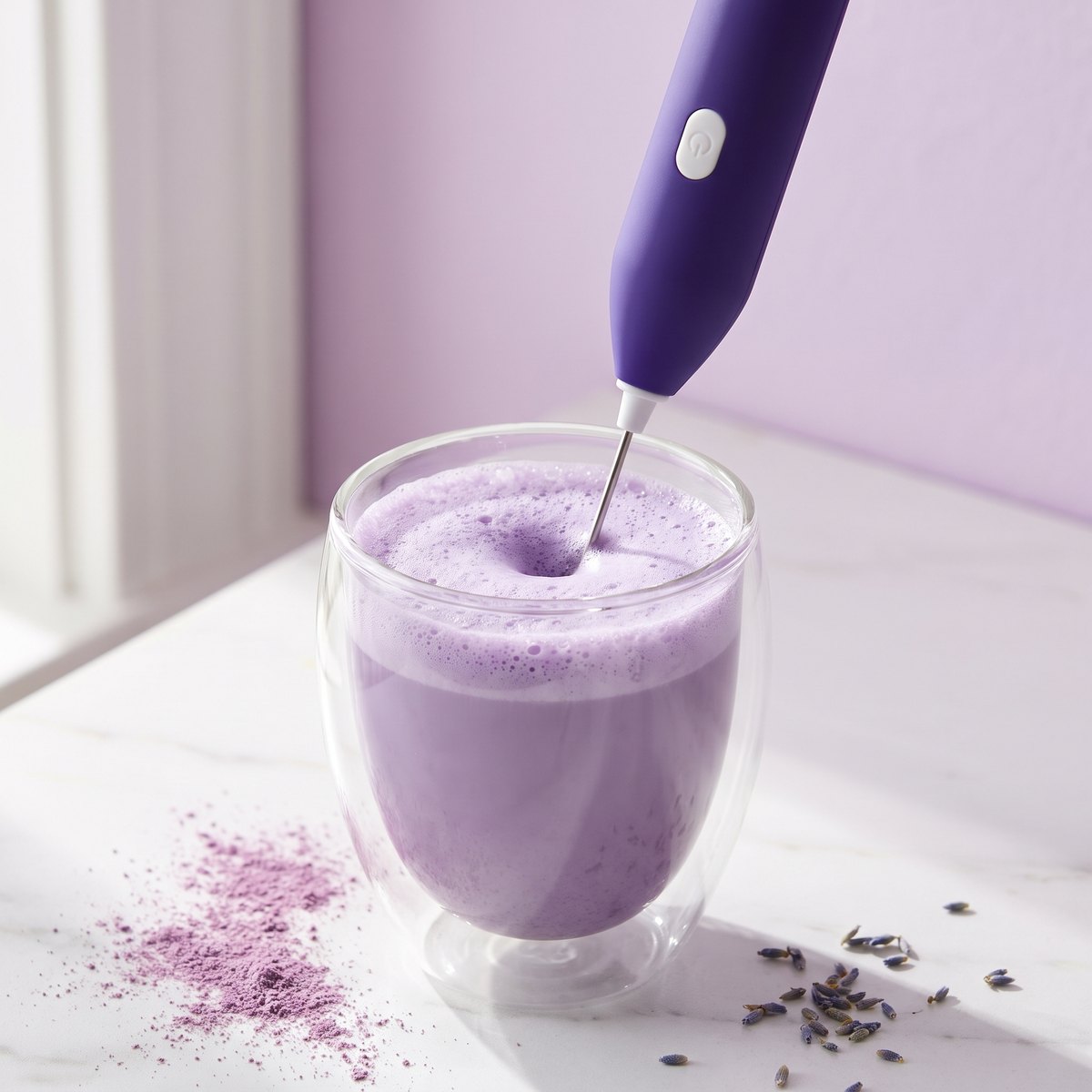 Handheld milk frother whisking an ube latte