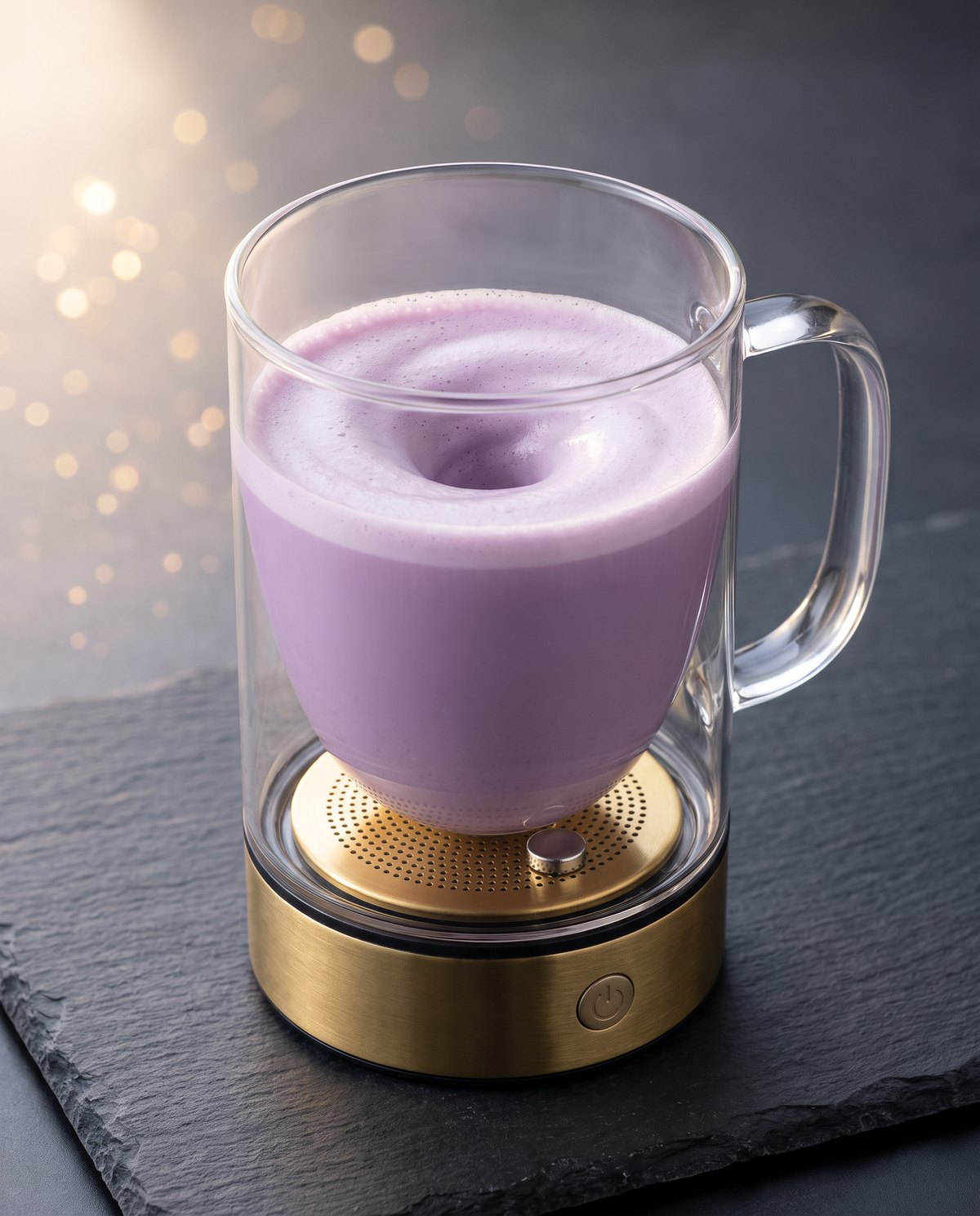 YumYam self-stirring glass mug with gold base